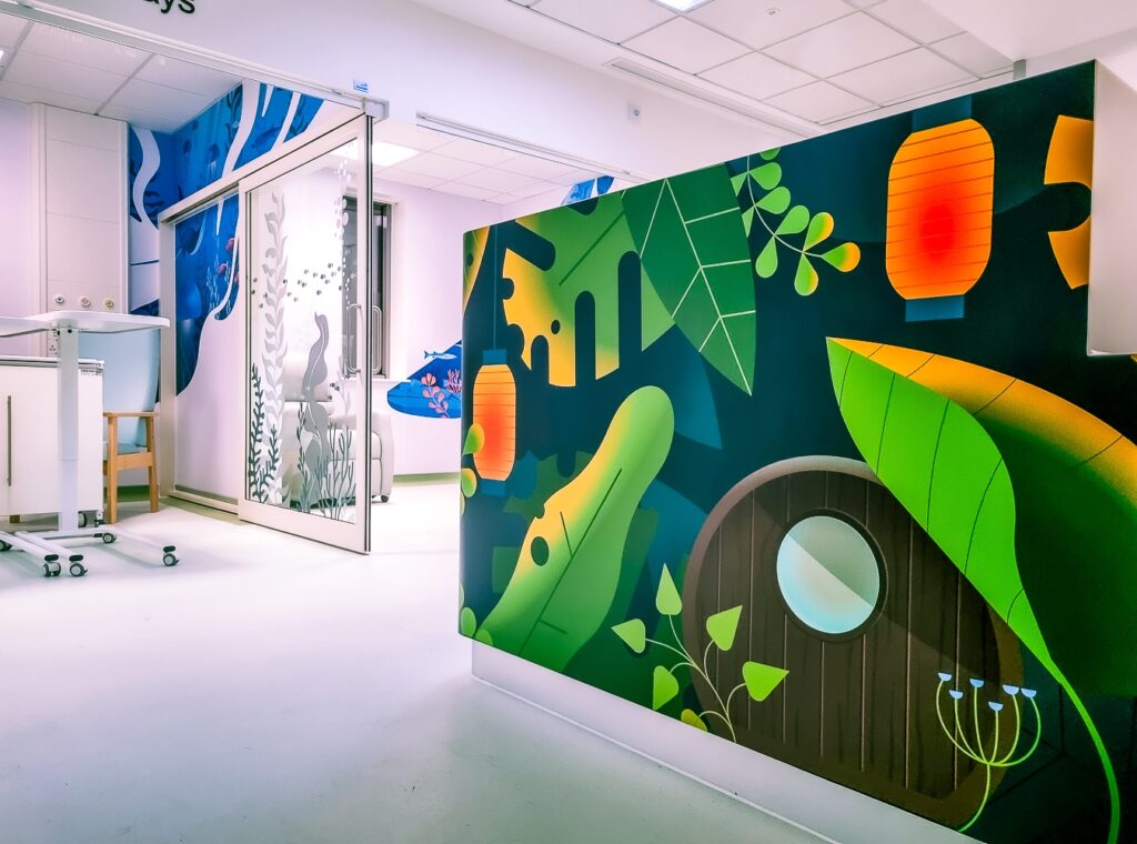 Decorated paediatric oncology ward at Kingston Hospital, brightened by Momentum Children's Charity to create a warmer, more comforting space for children receiving cancer treatment and their families.