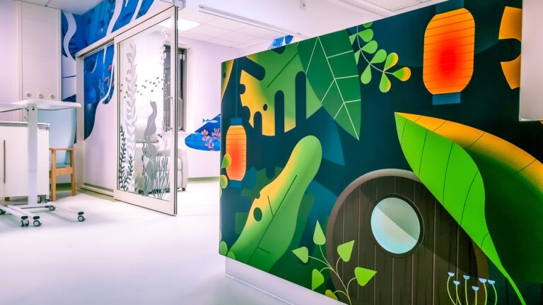 Decorated paediatric oncology ward at Kingston Hospital, brightened by Momentum Children's Charity to create a warmer, more comforting space for children receiving cancer treatment and their families.