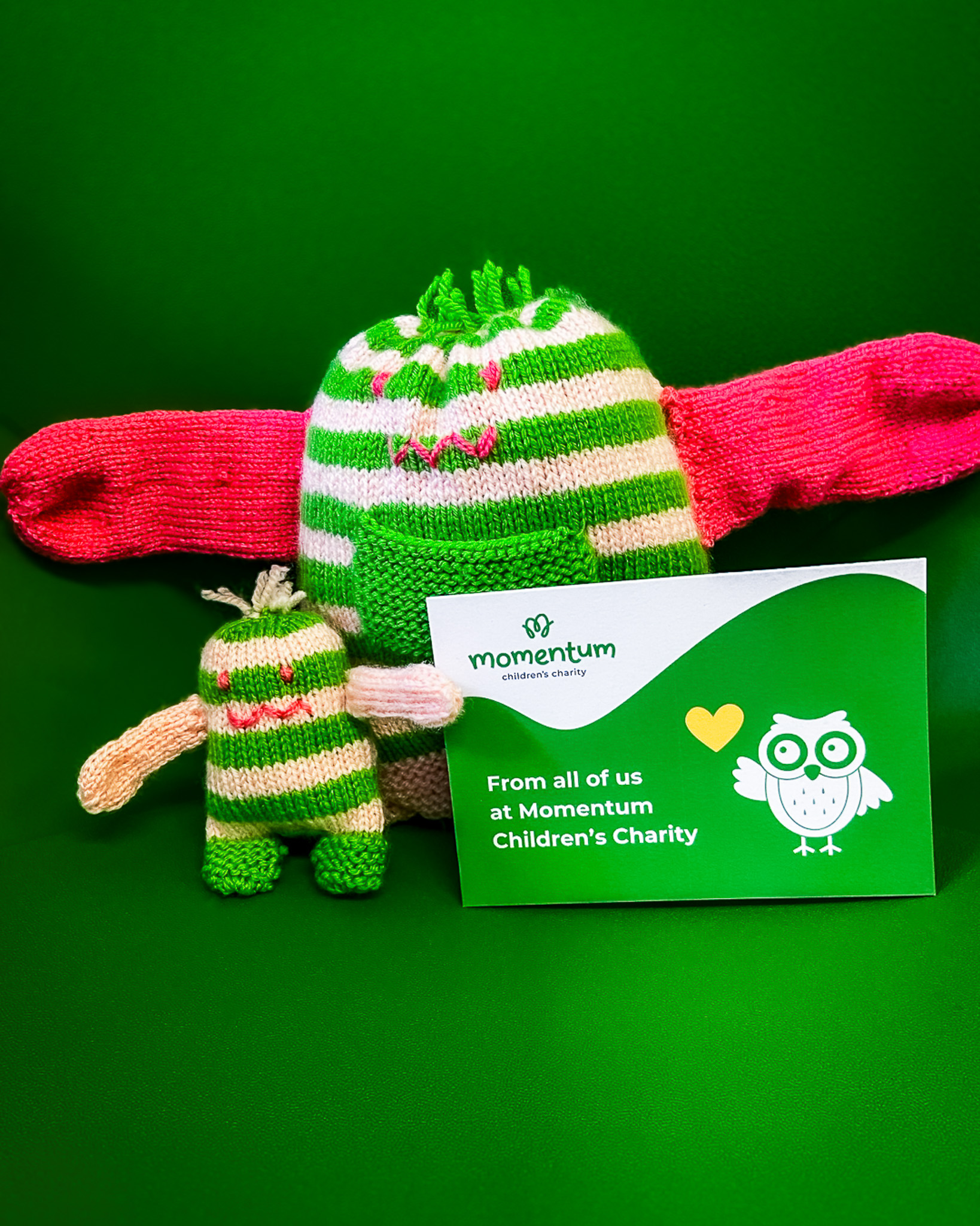 Two knitted worry monsters made to comfort children supported by Momentum.