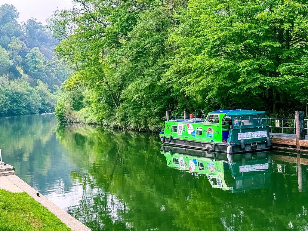 Momentum Children's Charity green river boat moored along lush trees on the River Thames.