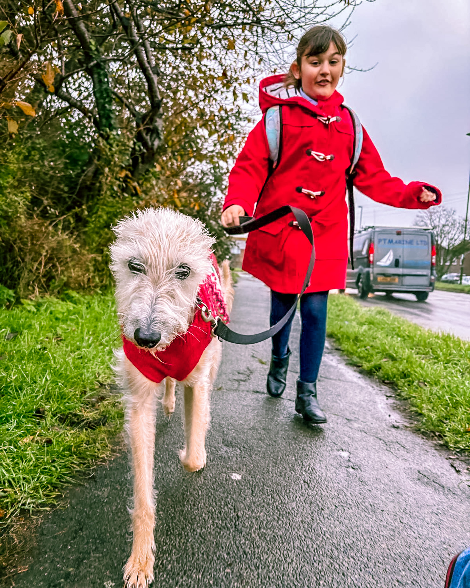 A supported Momentum family memeber walks her pet dog in the rain. 