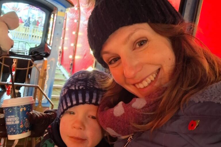 A Momentum-supported mother and son enjoy Winter Wonderland