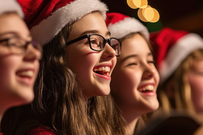 A Choir group wearing Santa hats perform at Christmas event