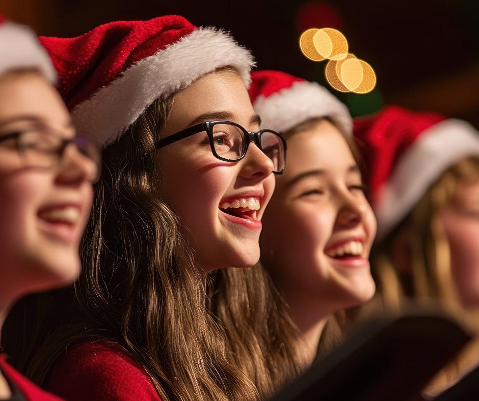 A Choir group wearing Santa hats perform at Christmas event