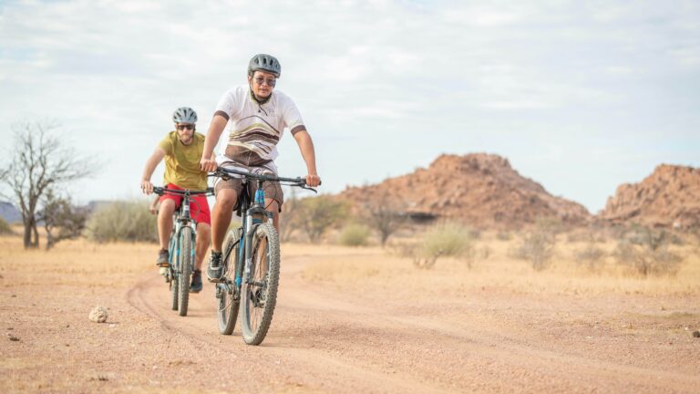 Two people on bikes cycling through a desert.