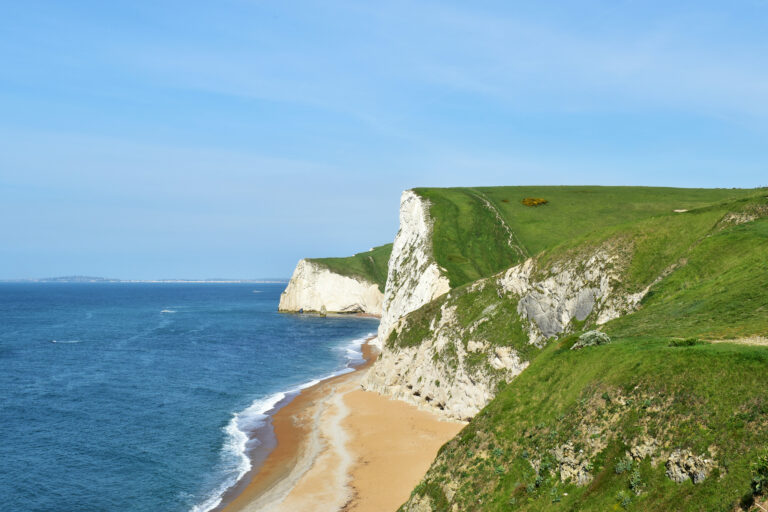 White chalk cliffs rise above a sandy beach and blue sea, showing the coastal scenery of the South Coast Ultra Challenge.